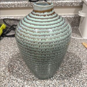 Vietnam Handcrafted Green Brown Spiral Glazed Accent Vase 11 Inches Tall